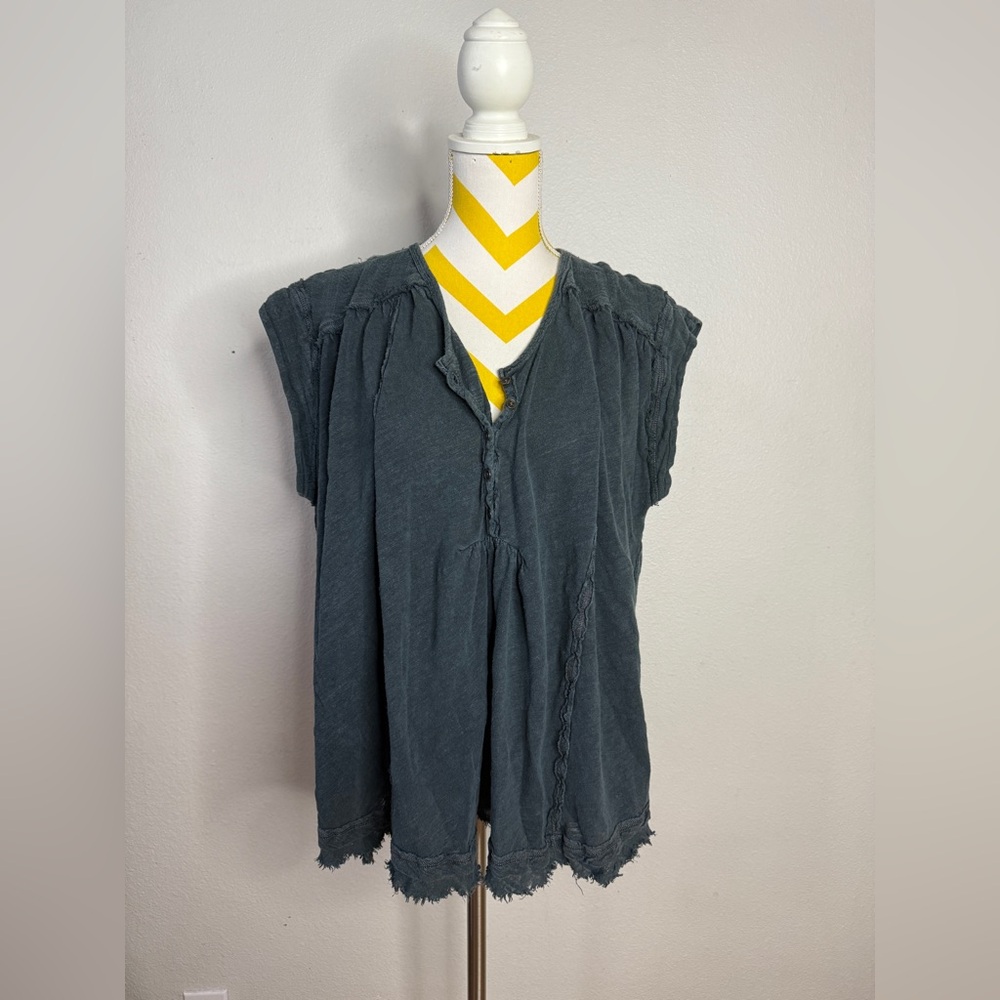 Free People Aster Henley Linen blend Oversized Tunic Top Black Womens XS
